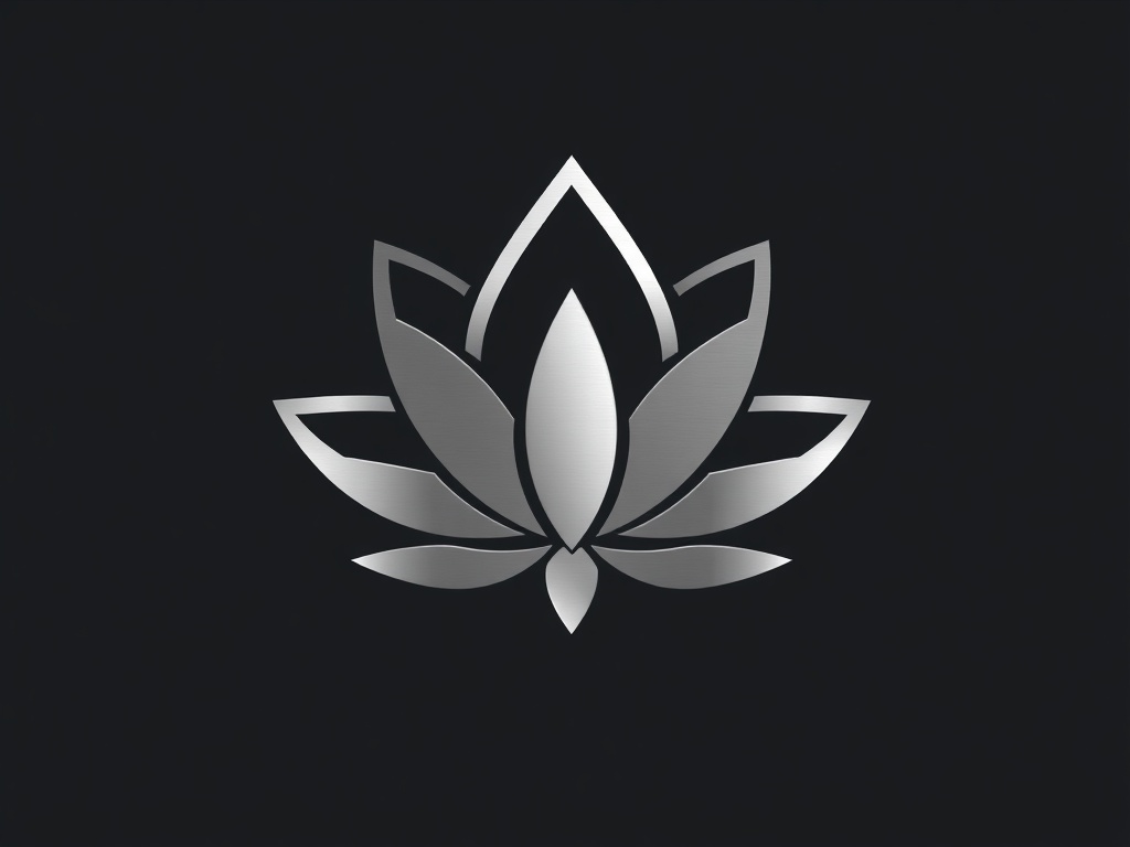 A sleek, minimalist icon of a lotus flower integrated with a circular arrow, metallic silver on a dark background, high detail, 8k.